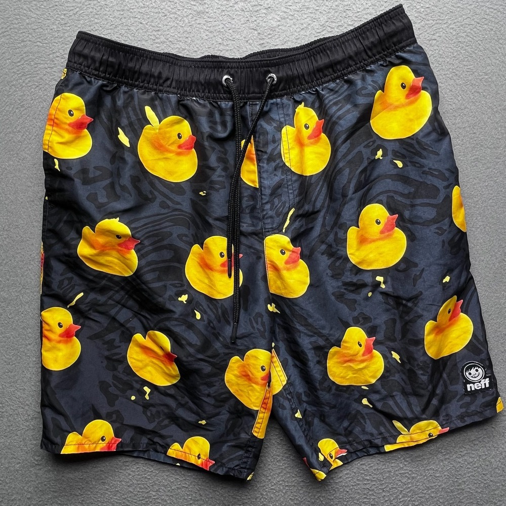 Neff Men Swim Trunks Polyester Rubber Ducky Print Large Novelty Beachwear